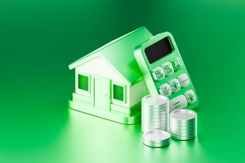 3D green house model with calculator for eco mortgage concept Stock Illustration