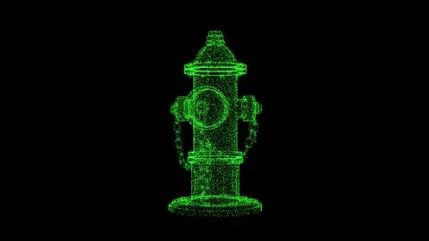 3D green hydrant object on black backdrop. Object consisting of flickering pa Illustrazione stock