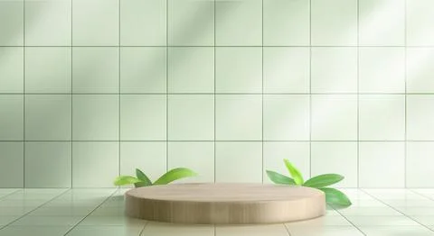 3d green kitchen tile wall with wood podium scene Stock Illustration