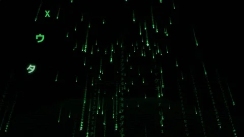 3D green matrix code rain animation, falling digital characters computer Видео 343038684