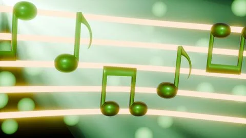 3D green musical notes on glowing staff lines. Stock Illustration
