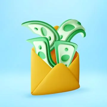 3D Green paper banknote inside mail envelope Ilustração Stock