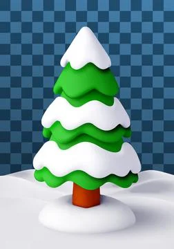 3D Green pine tree covered with white snow. Stock Illustration