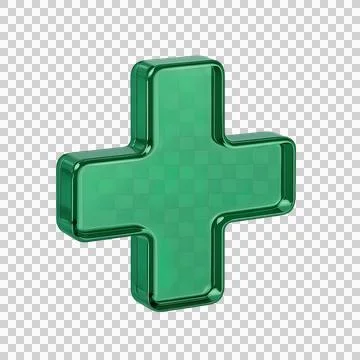 3D green plus sign icon with glass effect symbolizing health and positivity Stock Illustration
