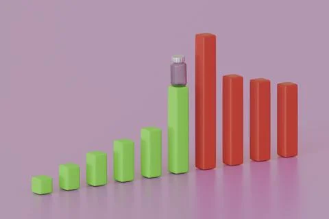 3D Green &amp; Red Bar Chart with Bottle on Top  Abstract Concept Stockillustratie