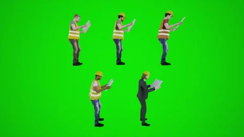 3d green screen construction workers reading maps from side angle Stock Footage 252653772