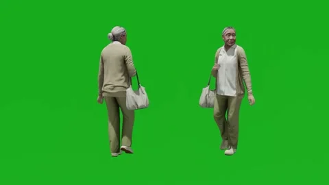3d green screen old asian woman walking down the street with 2 different views Video stock 201736784