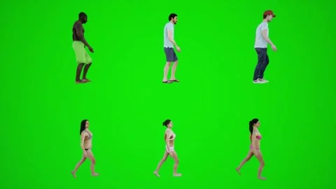 3d green screen six bikini men and women walking on the beach from side angle Video stock 252661408
