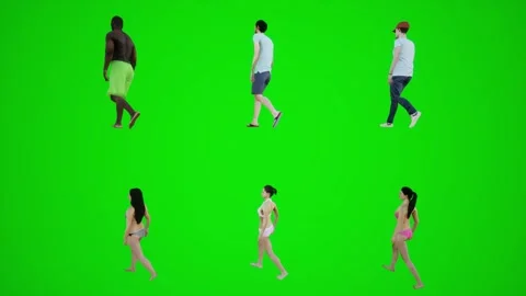 3d green screen six bikini men and women walking on the beach from three angles Video stock 252661416
