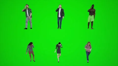 3d green screen six men and women walking and talking on the phone in the store Video stock 252661503