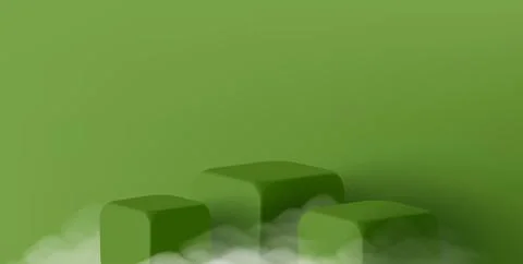 3d green square cubes empty pedestal with clouds or fog, product scene showca Illustrazione stock