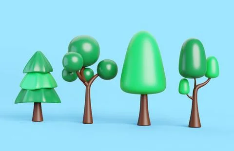 3d green trees cartoon render icon set. Summer landscape design nature elements Stock Illustration