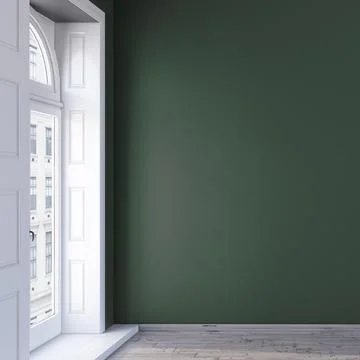 3d green wall mockup design in an empty room with wooden floor, french windows Stock Illustration