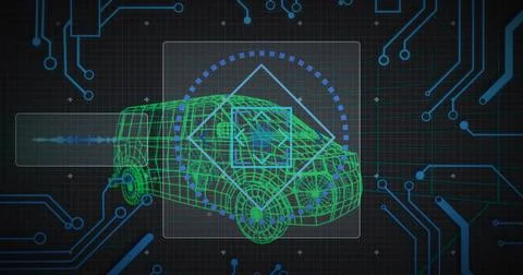 3D green wireframe car model hovering in virtual dashboard interface, with UI Stock Photos