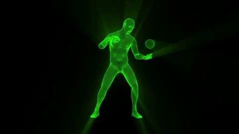 3D Green Wireframe Man with Sphere &amp; Light Rays Loop Graphic Element Stock Footage 90299551