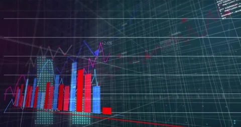 3D grid appearing, bars rising, lines fluctuating, arrow moving, code scrolling, Stock Footage 314752963