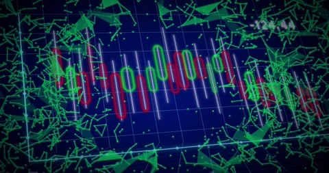 3D grid appearing with candlestick while neon mesh forming and fading showing Stock Footage 317118586