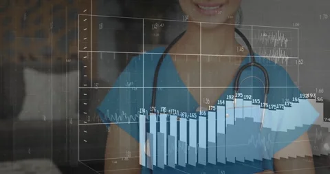 3D grid appearing over nurse torso initiating axes and bar charts tracking vital Stock Footage 312098371