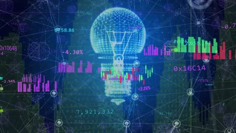 3D grid bulb centering initiating market charts animating, yellow line rising, Stock Footage 334883626