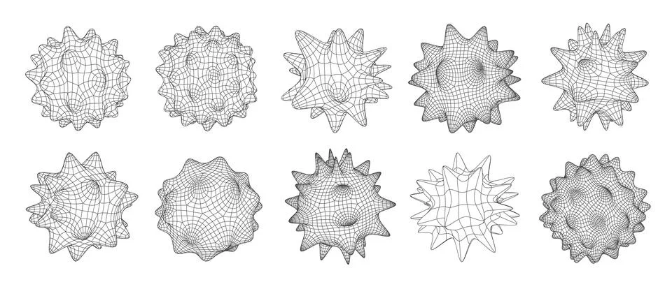 3d grid cell frames, geometric mesh figures set Stock Illustration