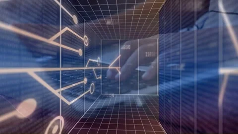 3D grid corridor reacting to hands starting typing, lighting circuits and Stock Footage 335761589