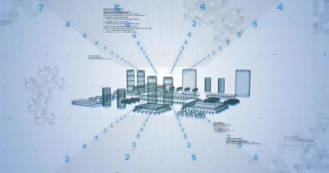 3D grid fading wireframes rising to cityscape merging into rotating chip showing Stock Footage 330772102