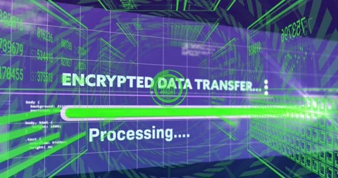3D grid forming tunnel starting encrypted data transfer, progress bar filling Stock Footage 317154044