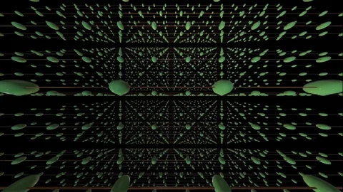 3D Grid Green Ball and Orange Lines Pattern Geometry Loop Stock Footage 83867650