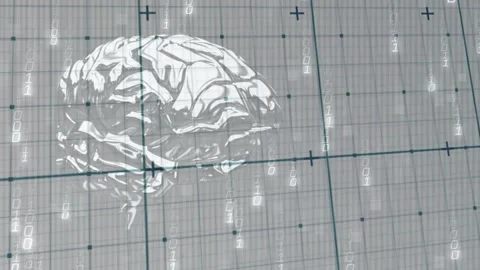 3D grid interface starting and turning holographic brain while streaming binary Stock Footage 320287755