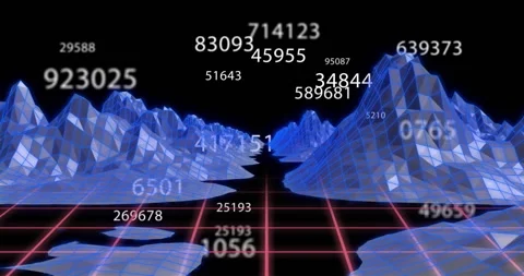 3D grid landscape with floating numbers animation over blue wireframe mountains Stock Footage 305292455