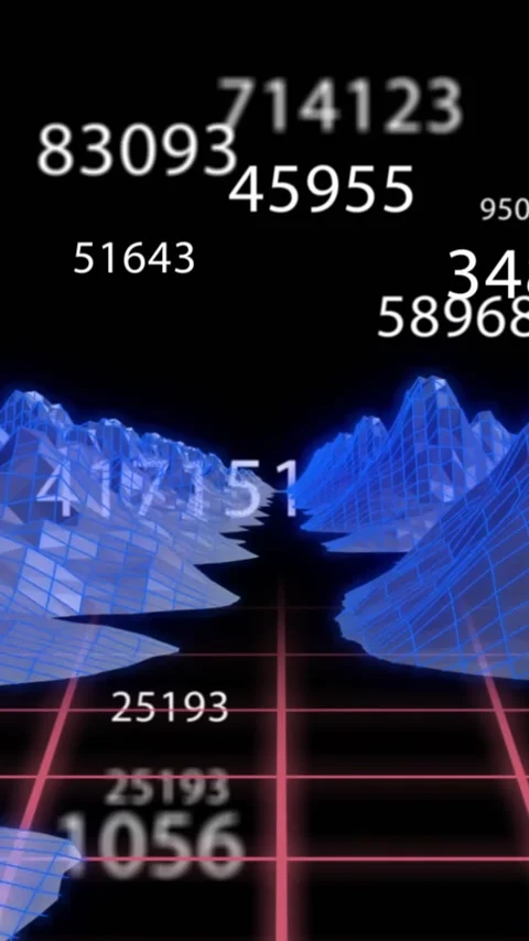 3D grid landscape with floating numbers animation over blue wireframe mountains Stock Footage 320034232