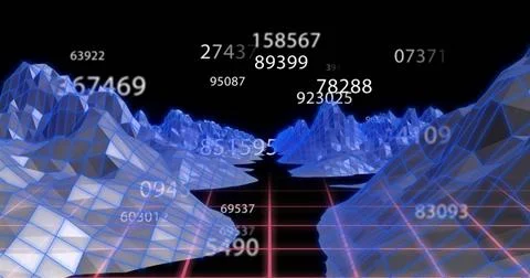 3D grid landscape with floating numbers image over blue wireframe mountains Stock Photos