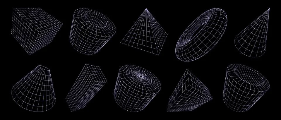 3d grid line shapes, wireframe geometric figures Stock Illustration
