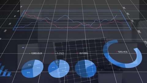 3D grid loading, holographic dashboard animating pies, bars, lines and donut, Stock Footage 334178867