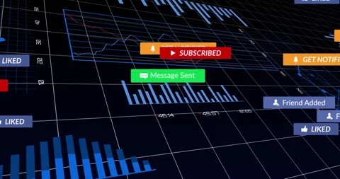 3D grid panning as cursor clicking Subscribe spawning notifications over charts Stock Footage 313552640