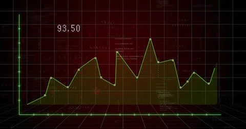 3D grid plot receiving feed, finance metrics fluctuating, nodes adding area Stock Illustration