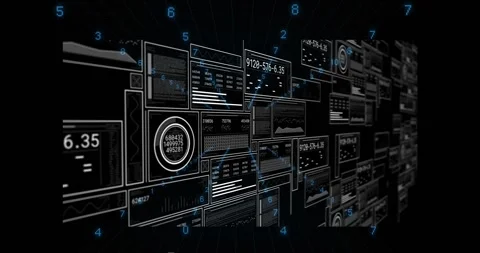 3D grid receding starting panels sliding right showing codes rotating gauge Video stock 317608331