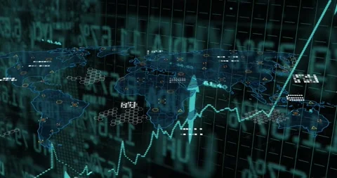 3D grid scrolling numeric overlays, initiating map, animating rising line, Stock Footage 330407928