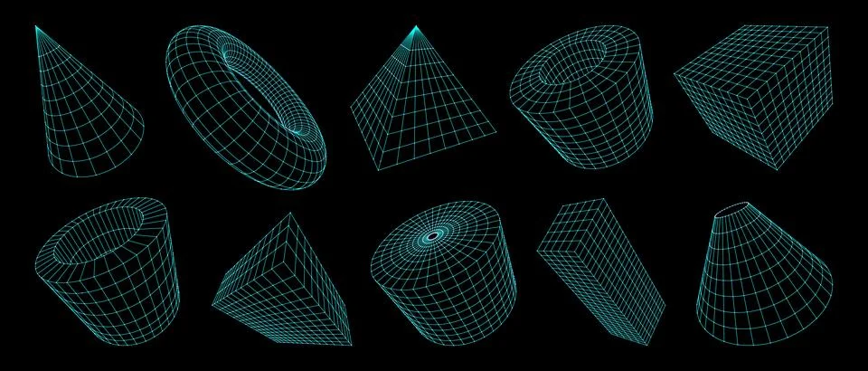 3D grid shapes, wireframe geometric figures set Illustrazione stock