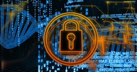 3D grid stretching spawning glowing padlock with rings, rotating DNA helix code Stock Footage 309895991