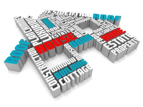3d group of blue red white words shaping a house Stock-Illustration