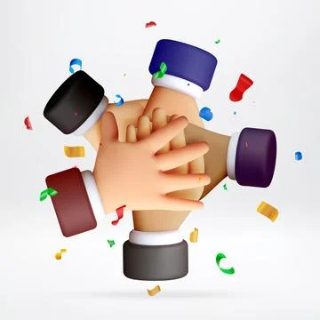 3D Group of hands together in circle with confetti Stock Illustration