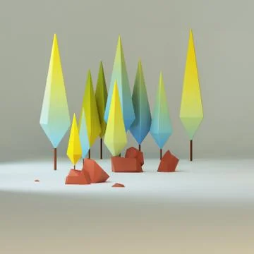 3d group of low poly stylized trees and rocks. Stock Illustration