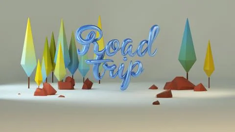 3d group of low poly stylized trees and calligraphy. Text "Road trip" Stock Illustration