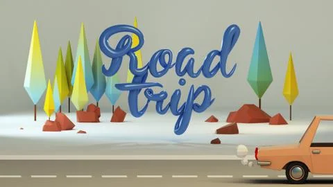 3d group of low poly stylized trees and calligraphy. Text "Road trip" Stock Illustration