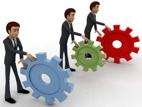 3d group of men rolling gear concept Illustrazione stock