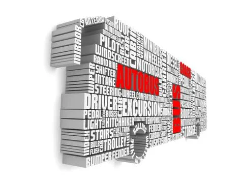 3d group of red white words shaping a passenger bus Illustrazione stock