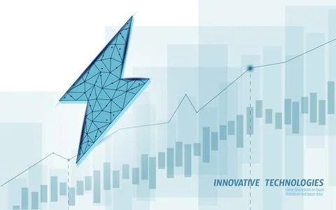 3D growing graph lightning energy sources concept. Polygonal light blue power Stock Illustration
