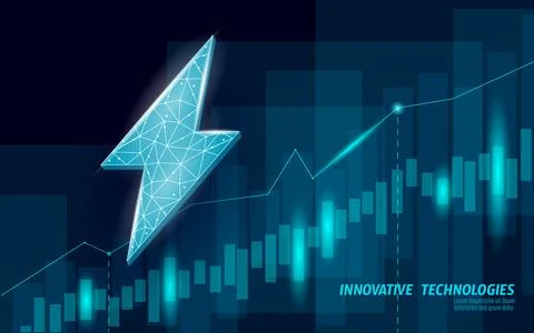 3D growing graph lightning energy sources concept. Polygonal light blue power Stock Illustration