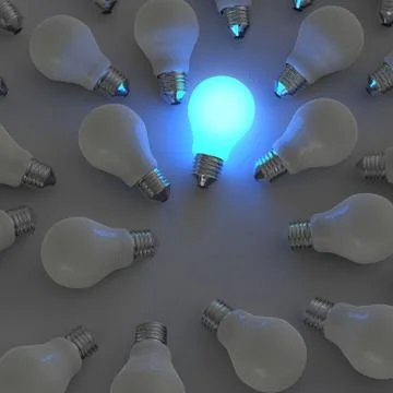 3d growing light bulb standing out from the unlit incandescent bulbs as leade Stock Illustration